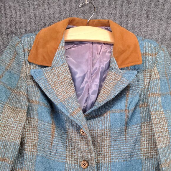 Four Corners Button Blazer Wool Coat Actual 32x26.5 Blue Gray Plaid Front Pocket - Picture 5 of 11